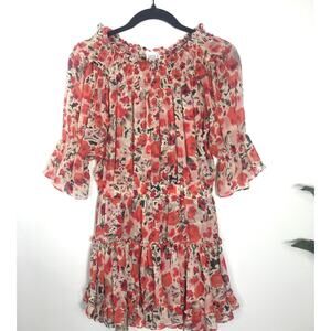 Misa Los Angelas Off the Shoulder Smocked Short Dress Red Floral Chic $368